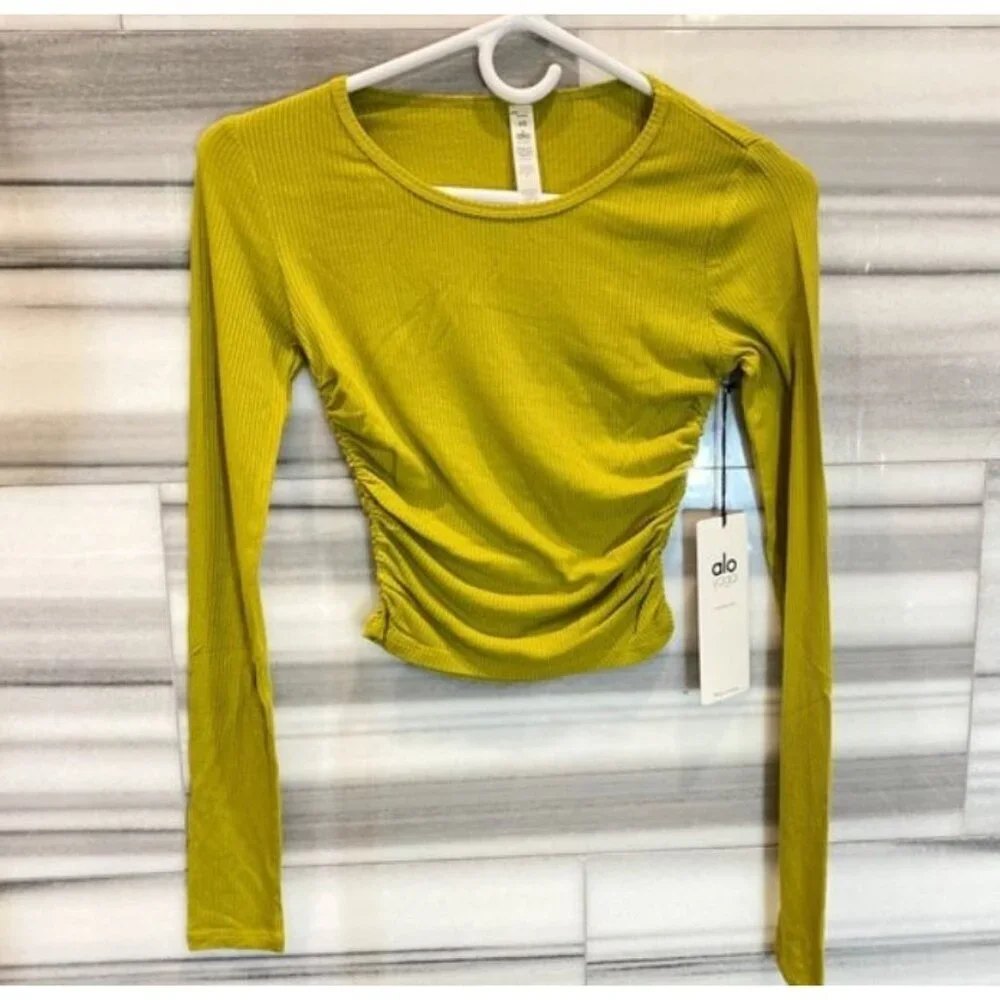 alo Gather Long Sleeve Rib Crop Top Chartreuse NWT XS
